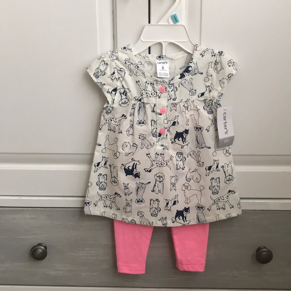 Carter’s Dog shirt with pink leggings